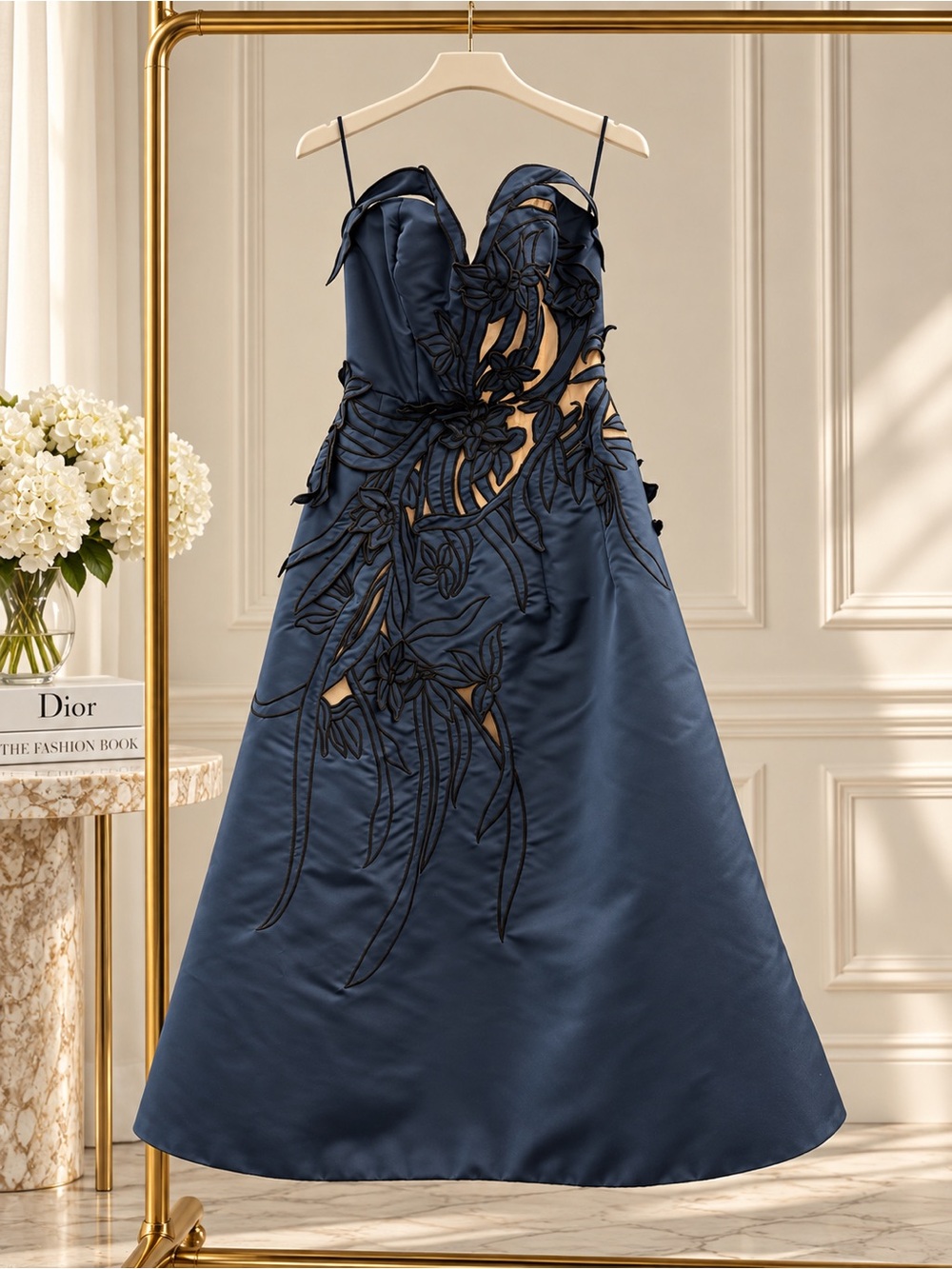 Oscar de la Renta Floral Embroidered Illusion Evening Gown Navy Size 2